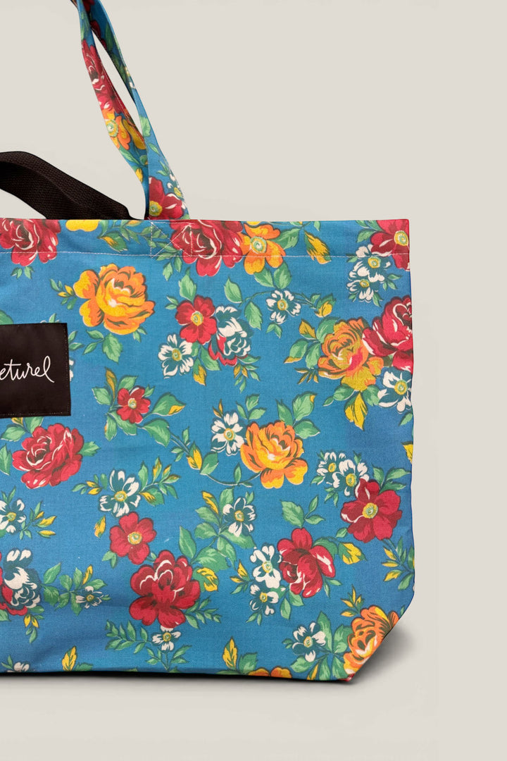 Bolso shopper maxi lona camping flores azul