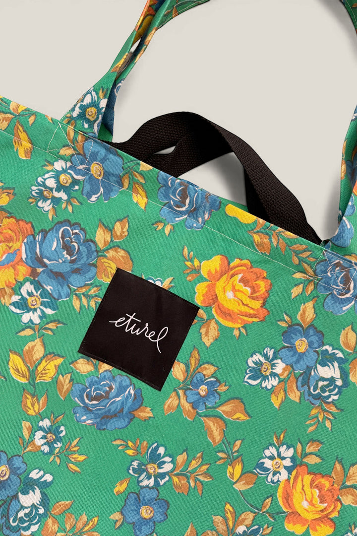 Bolso shopper maxi lona camping flores verde