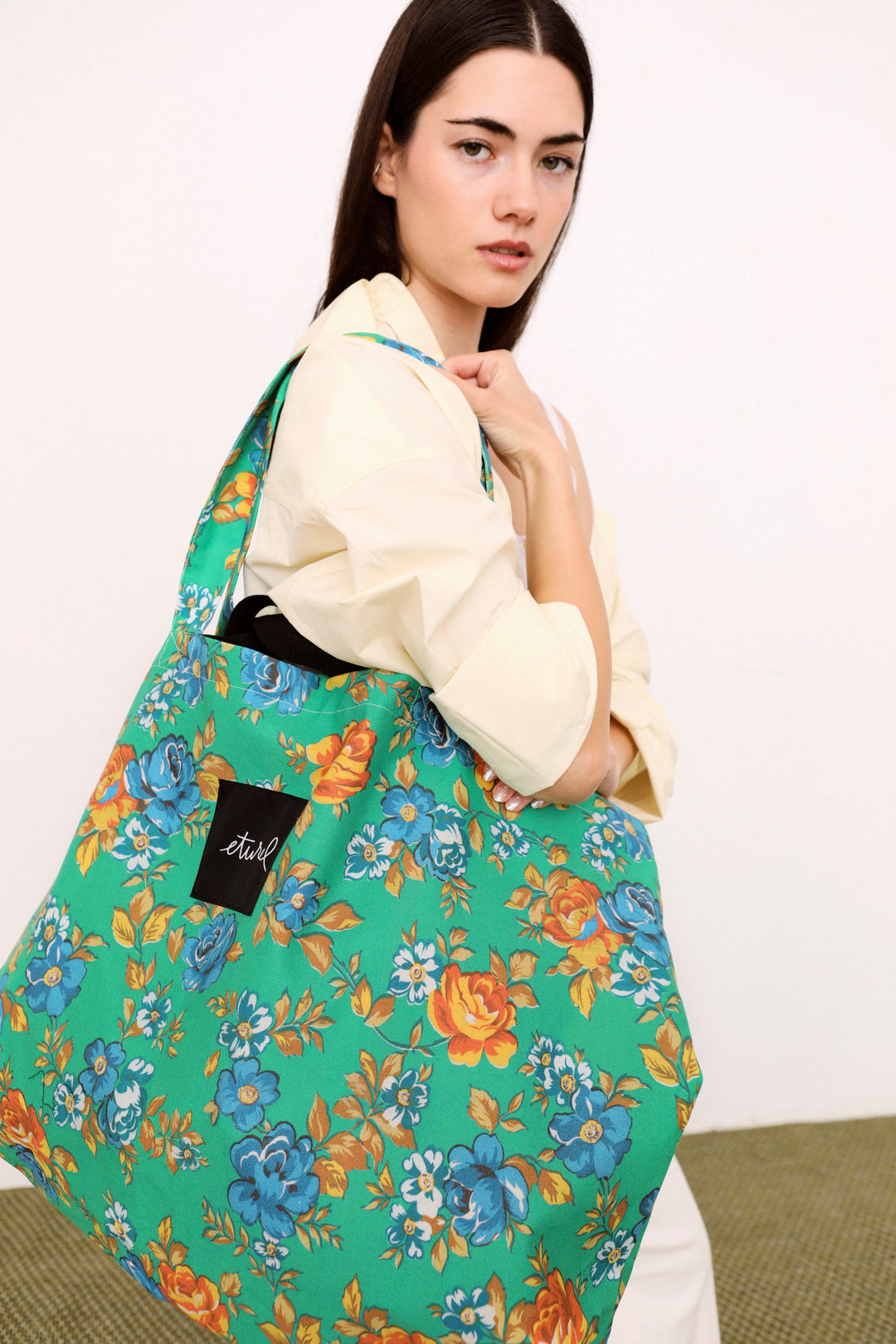 Bolso shopper maxi lona camping flores verde