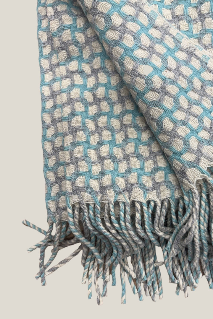 Manta 100% lana vintage espiga azul verdín