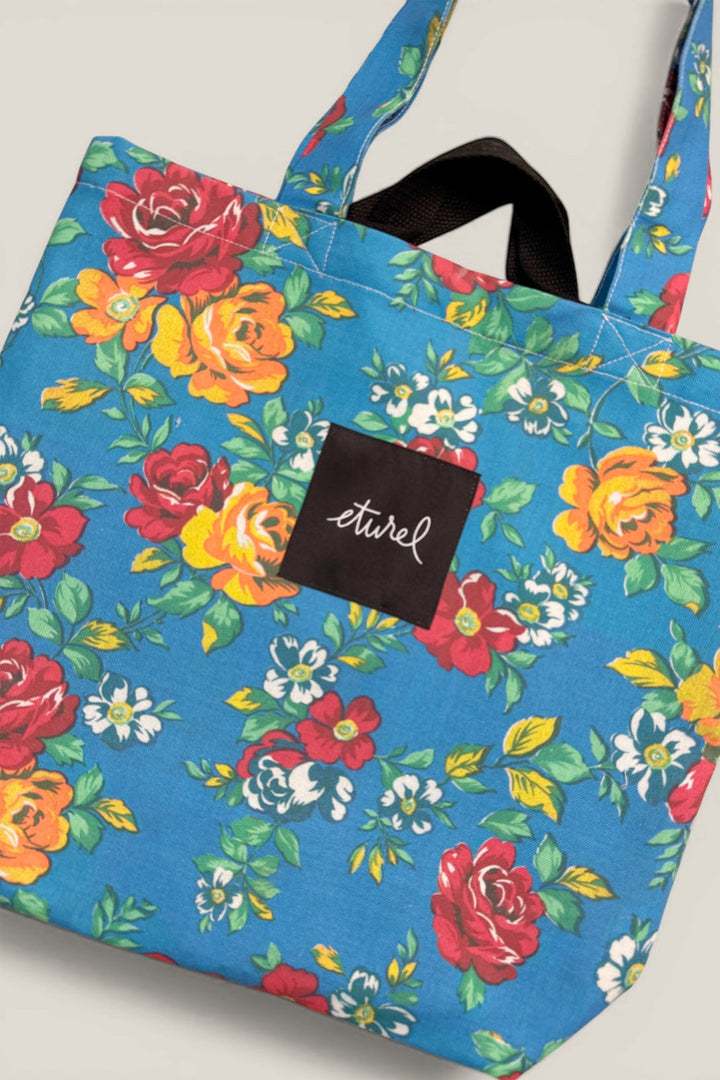 Bolso tote lona camping flores azul