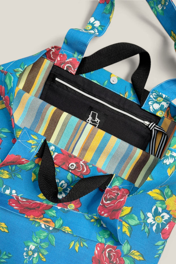 Bolso tote lona camping flores azul