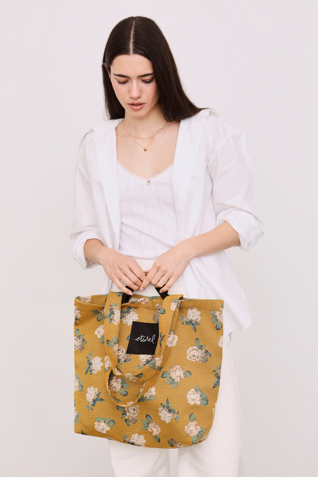Tote bag tejido jacquard flores rosas