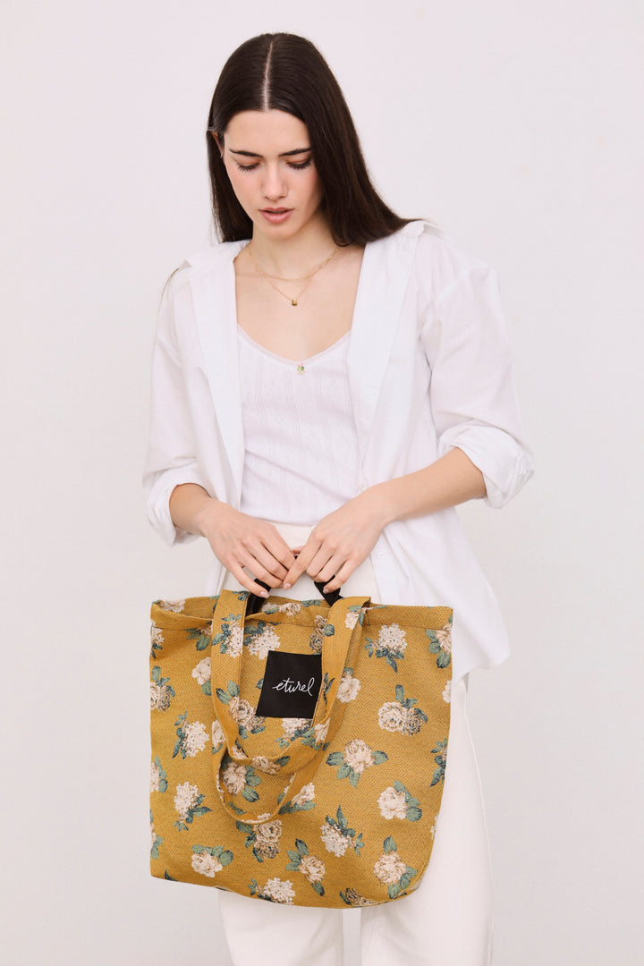 Tote bag tejido jacquard flores rosas