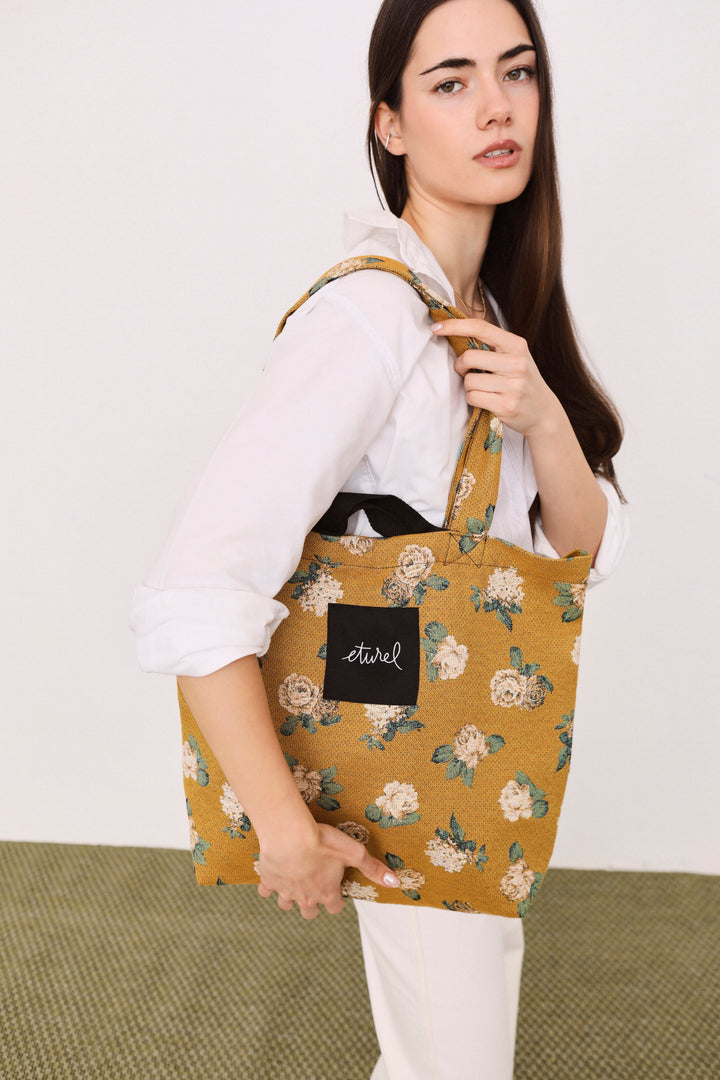 Tote bag tejido jacquard flores rosas