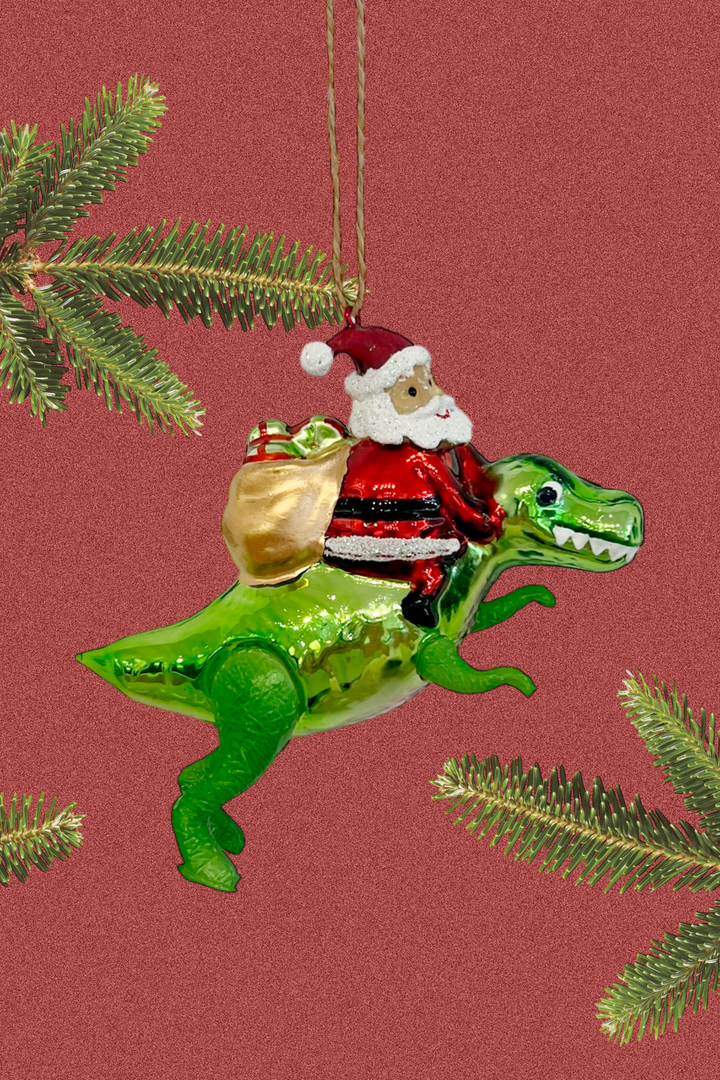 Papá Noel montando al dinosaurio colgante de cristal - Adorno Navidad