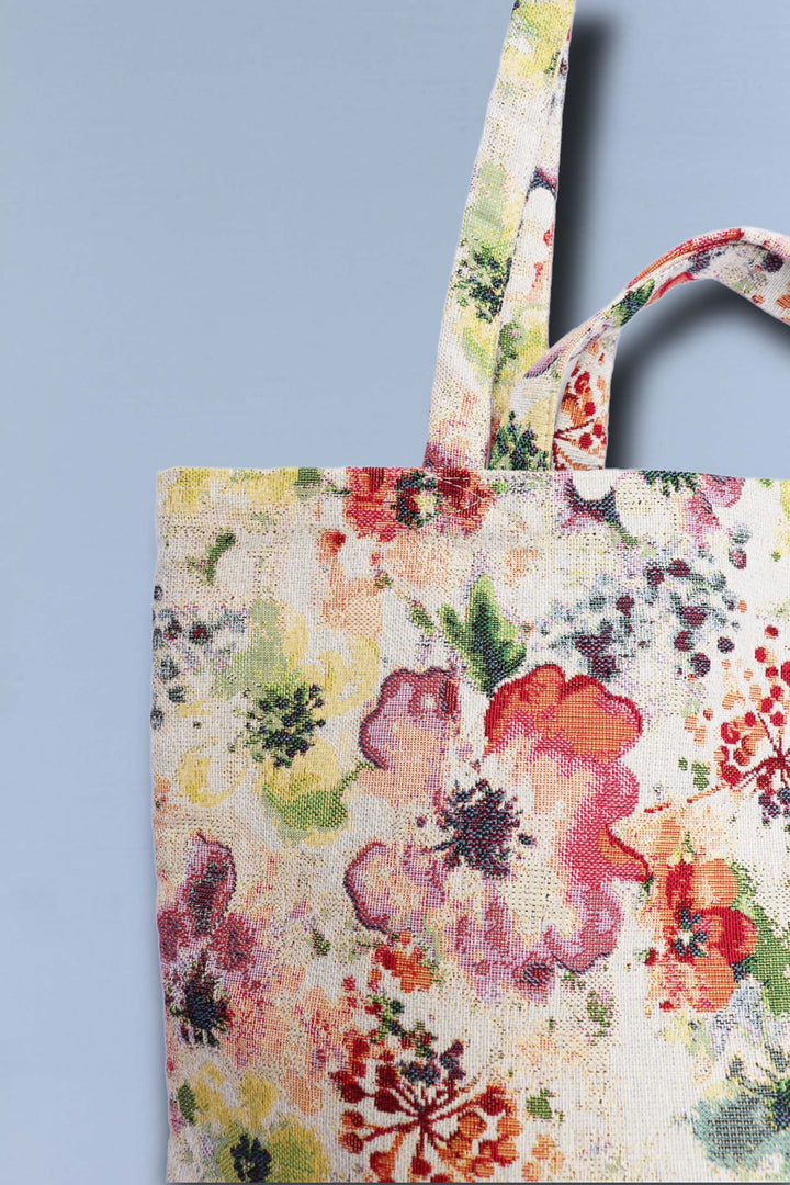 Tote Bag tejido jacquard flores acuarelas detalle asa