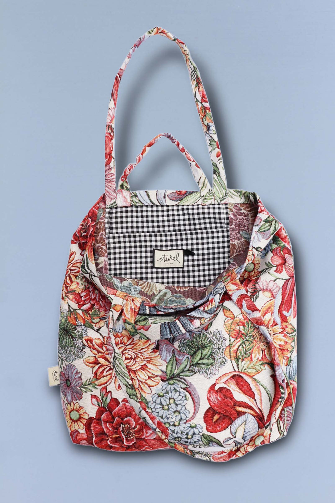 Tote Bag tejido jacquard flores rojas bolsillo