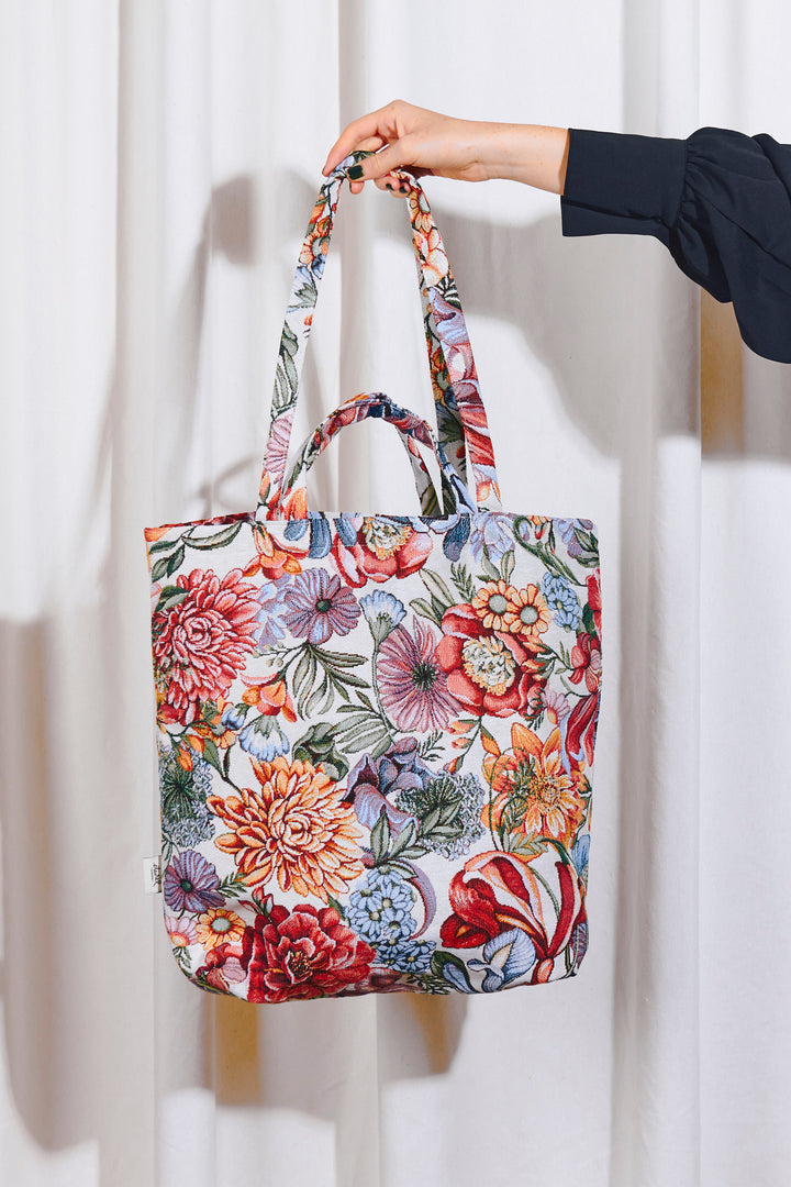 Tote Bag tejido jacquard flores rojas mano