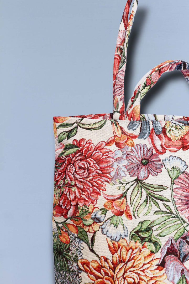 Tote Bag tejido jacquard flores rojas asas